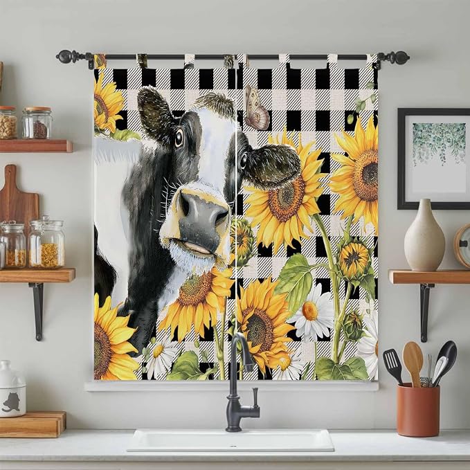 Retro Sunflowers Bedroom Curtains 72 Inch Length, Window Curtains Tab Top