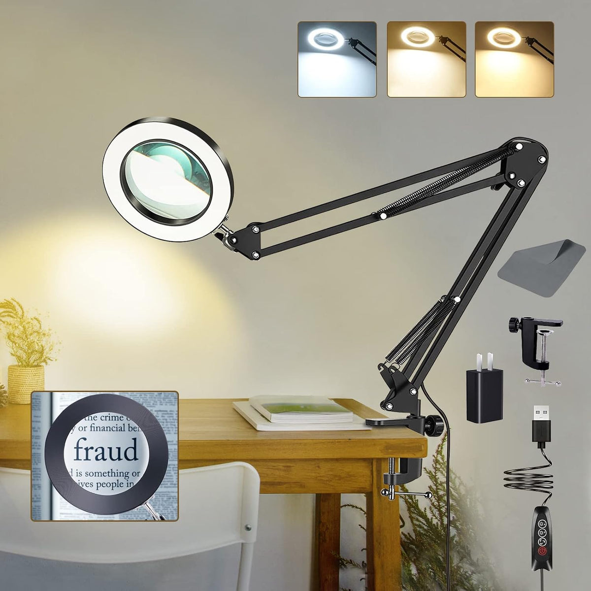 10X Magnifying Glass with Light and Clamp, Magnifier with Light Hands Free3 Color Modes Stepless Dimmable, 72 LEDs Real Glass Lens Magnifying Lamp for Close Work, Repair, Reading, Craft