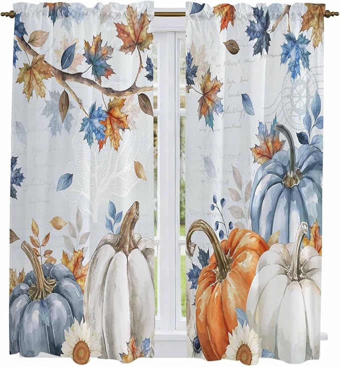 Fall Blue Maple Window Curtains 63 Inch Long 2 Panel Set, Rod Pocket Bedroom