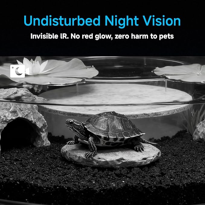 2K HD Turtle Terrarium & Tank WiFi Camera, 140° Wide-Angle Anti-Glare Lens, Night Vision, Two-Way Audio, AI Motion Alerts, 24/7 Recording, Easy Stick-On Install for Pet Turtles
