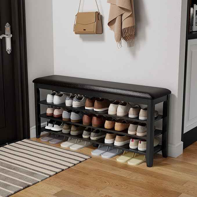 AQIMUELE Shoe Bench with Leather Cushion, 3 Tiers Shoe Storage Bench Height