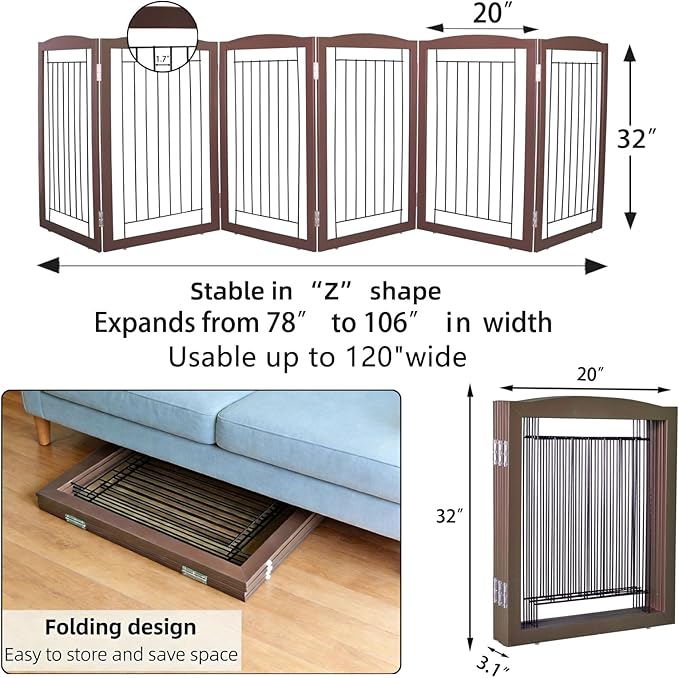 ZJSF Freestanding Foldable Dog Gate for House Extra Wide Wooden Brown Puppy Gate Stairs Dog Gates Doorways Tall Pet Gate 32 "Height 6 Panels Pet Fence