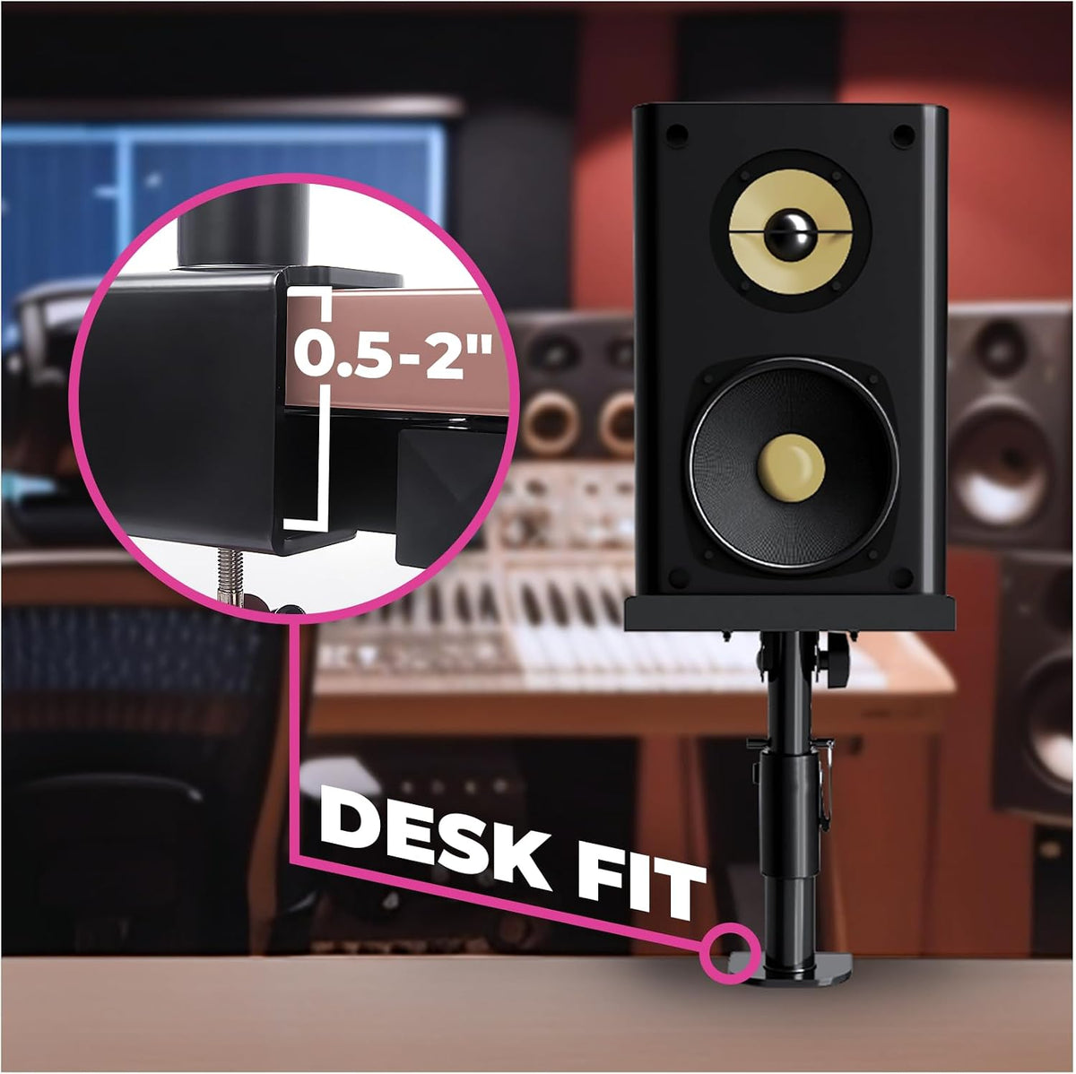 Liquid Stands Studio Monitor Stands - Music Studio Desktop Speaker Stand - 2 Pack 12x9 Clamp-on Adjustable Short or Tall Speaker Support for Music Booth Desk Audio Monitor Stand Mount with Tilt