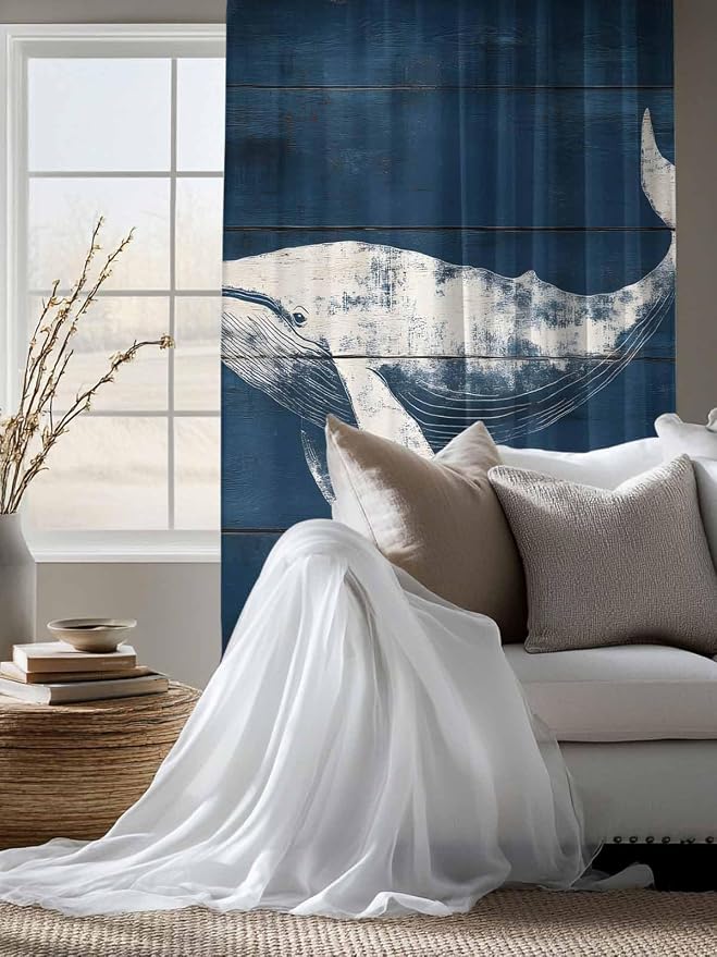 Sheer Curtains 63 Inch Length, Summer Whale Semi Sheer Curtains Light Filtering