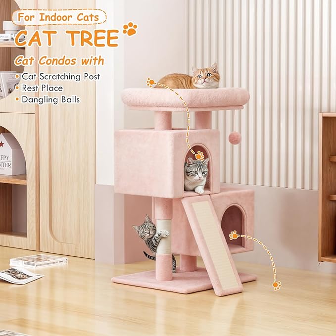 34'' Small Cat Tree with 2 Condos, Sisal Scratching Posts & Board, Multi-Level Climbing Tower for Indoor Cats, Sturdy Light Grey Cat Activity Center - Soft Pink