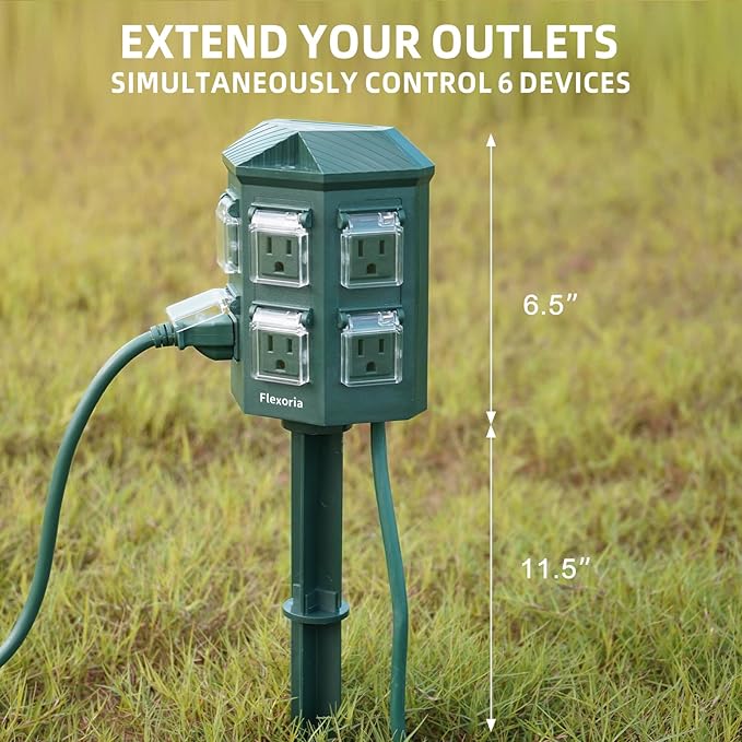 Outdoor Power Strip Waterproof, 20 FT Extension Cord, 6 Grounded Outlets for Christmas Decorations and Inflatables, 15A/1875W, ETL Listed