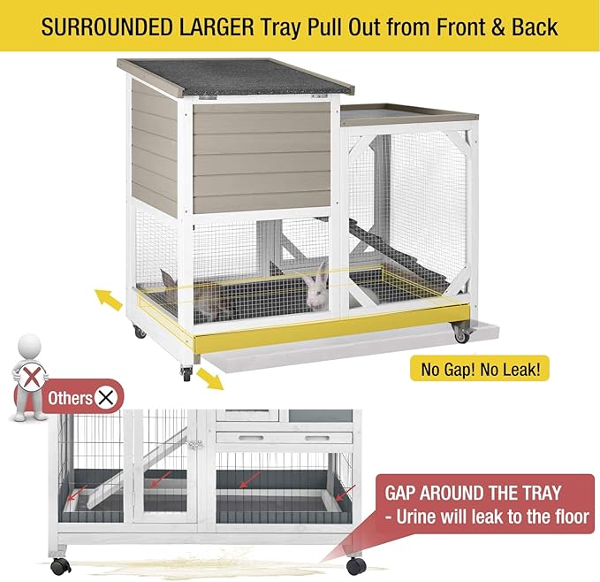 Aivituvin Upgrade Rabbit Hutch Rabbit Cage Indoor Bunny Hutch with Run Outdoor Rabbit House with Two Deeper No Leak Trays - 4 Casters Include (Mocca Color Without Bottom Wire Netting)