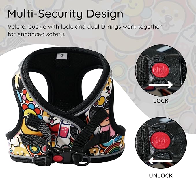 BELLA & PAL Step in Vest Harness for Small and Medium Dogs, No Pull Small Dog Harness with Leash Set, Comfortable Air Mesh Dog Vest Harness with Reflective Strip (Cuddle Club, XS)