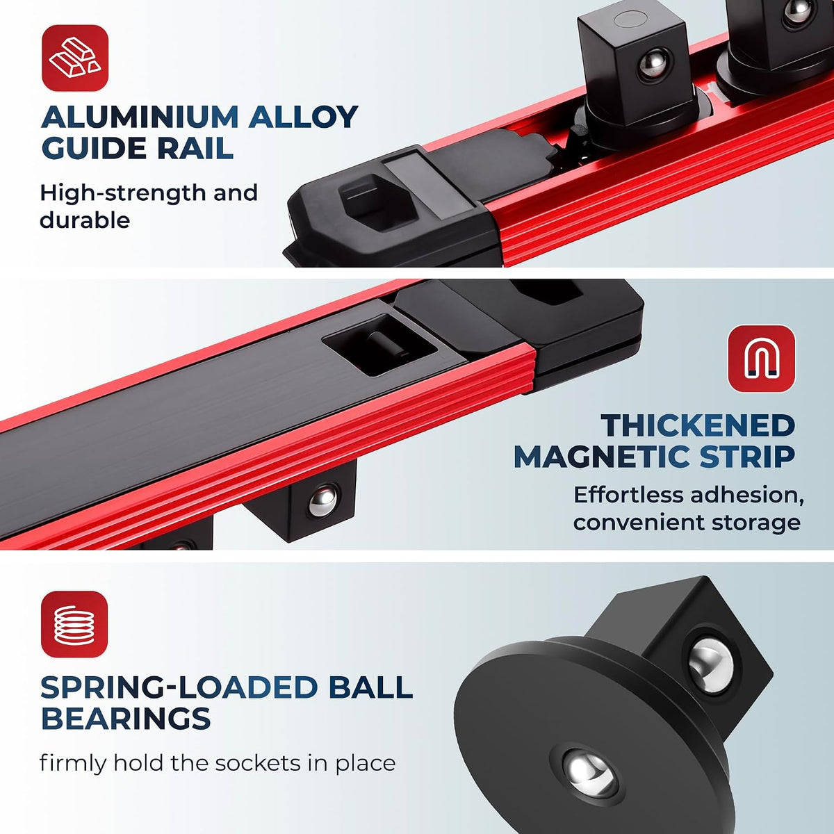 Reniteco Magnetic Socket Organizer Set, 3-Pack 1/4” Socket Rails