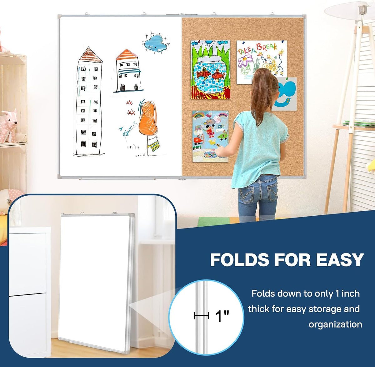 Large White Board Dry Erase Foldable Cork Board Combo 60x40 for Wall