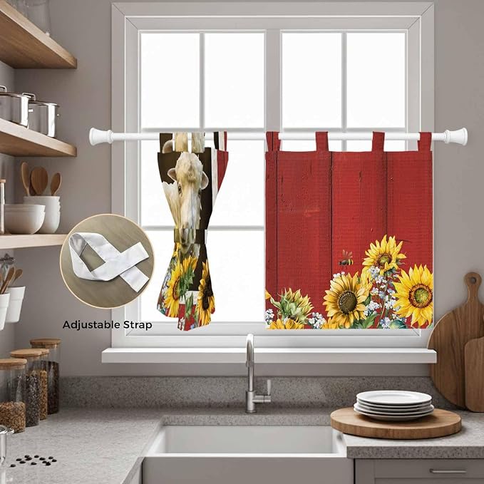 Sheep Flowers Kitchen Curtains 36 Inch Length, Small Window Curtains Tab Top