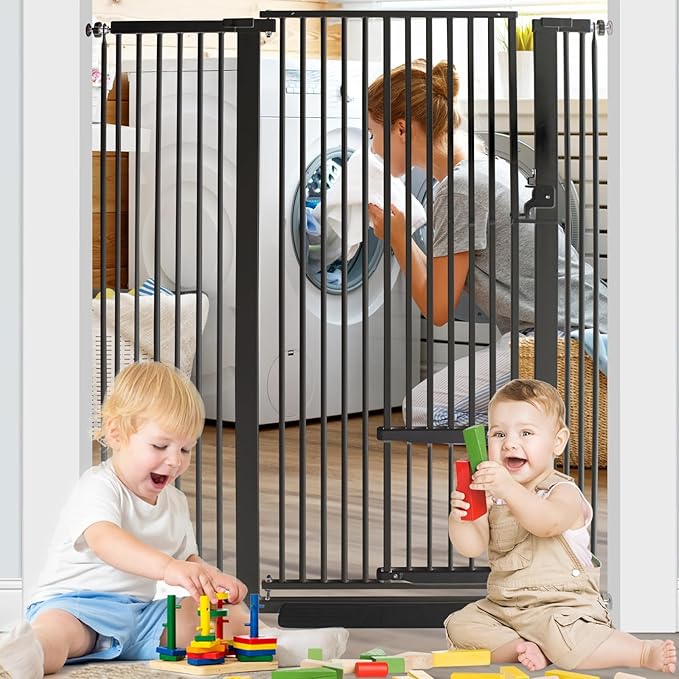 71 Inch Extra Tall Pet Gate with Small Cat Door, 29.55"-40.55" Adjustable Wide Dog Gate, Tall Cats Gates for Doorway, Stairs, House(Black)