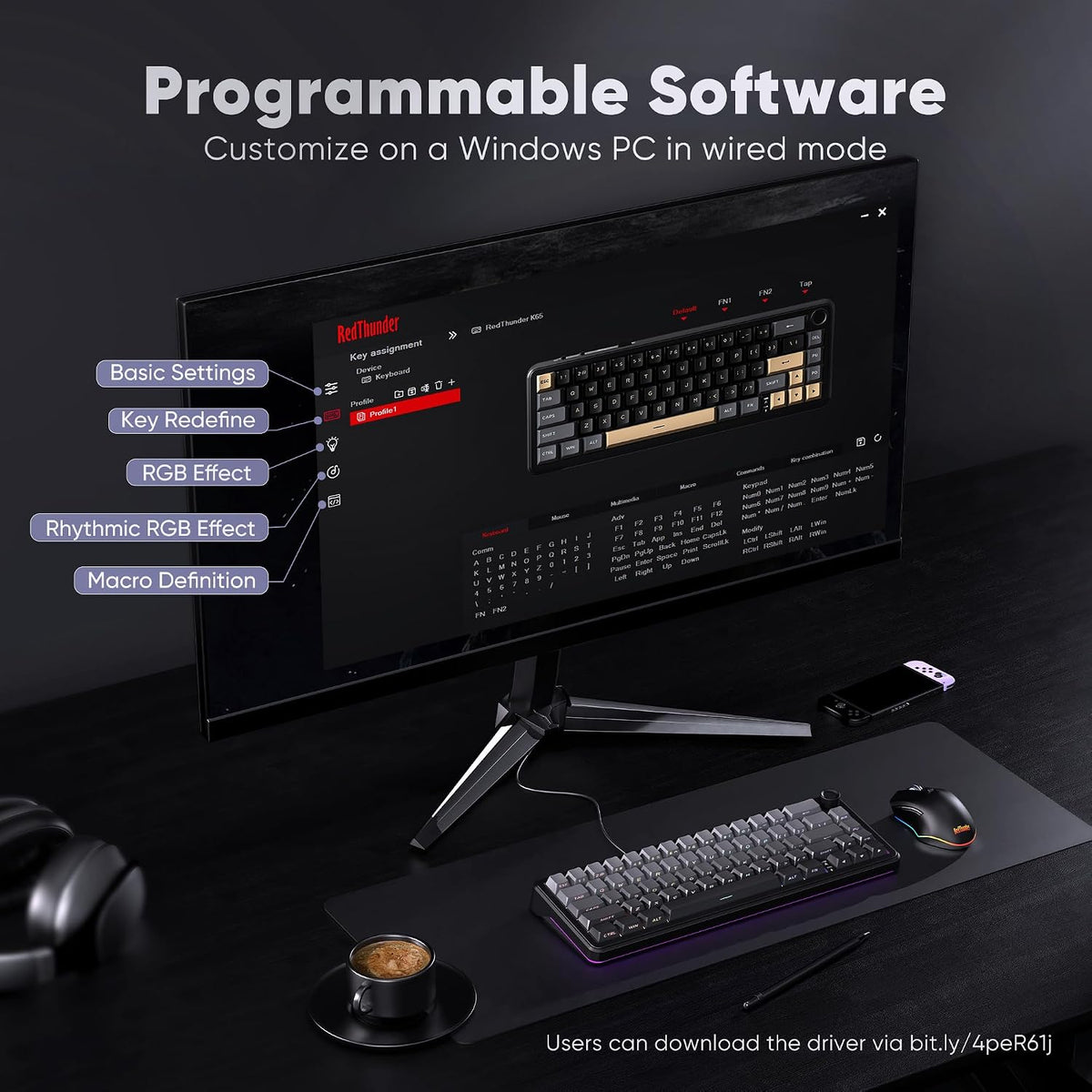 RedThunder K65 Wireless Mechanical Gaming Keyboard, Trip-Modes Connection, Gasket Custom Hot-Swap Keyboard, RGB Backlit, Pre-lubed Linear Switches, Side Engraved PBT Keycaps, Gradient Gray