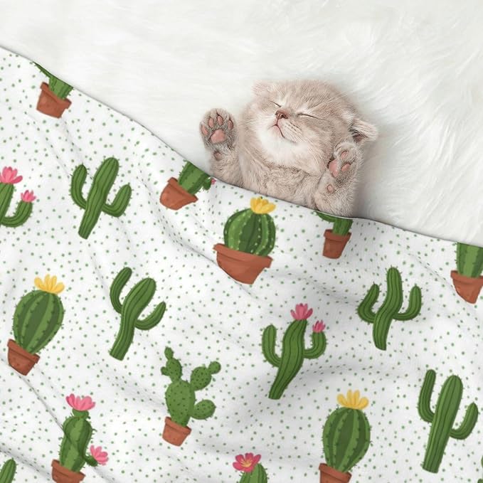 Two Sided Pet Cuddler Blanket for Anxiety Calming, Cactus Floral Bloom Flower Summer Tropical Watercolor, Reversible Plush Design with Bubble Dot Pattern Provides Familiar Surface Anywhere