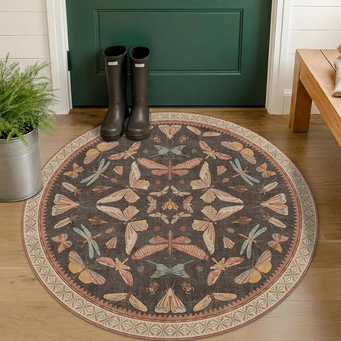 Boho Brown Round Rug 5ft, Soft Washable Throw Carpet