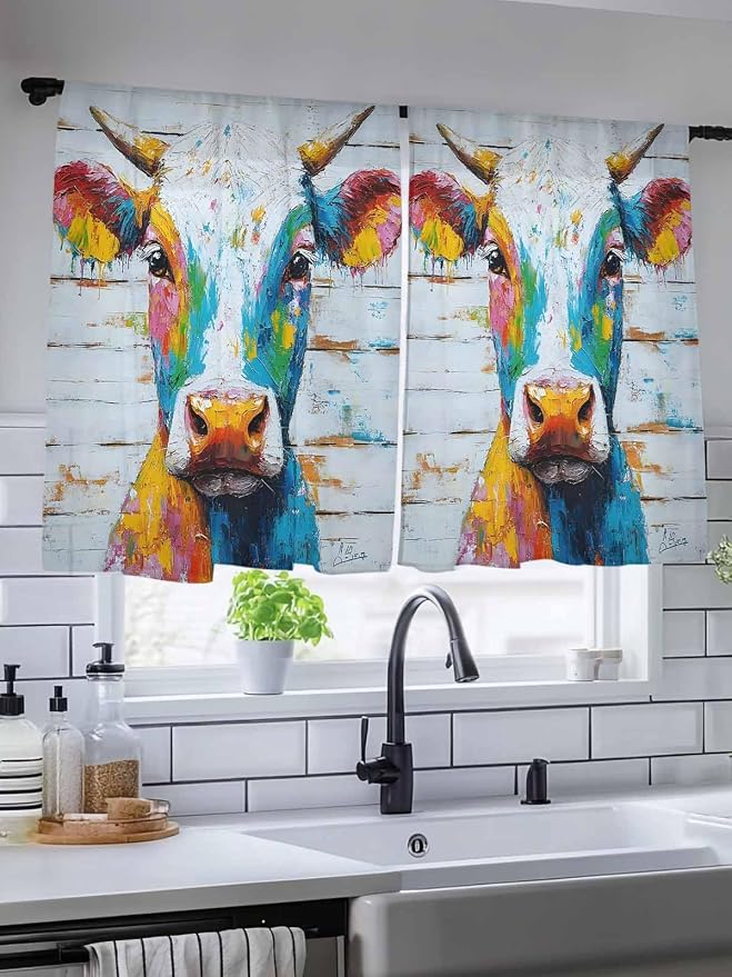 Sheer Curtains 45 Inch Length, Funny Colorful Cow Semi Sheer Curtains Light