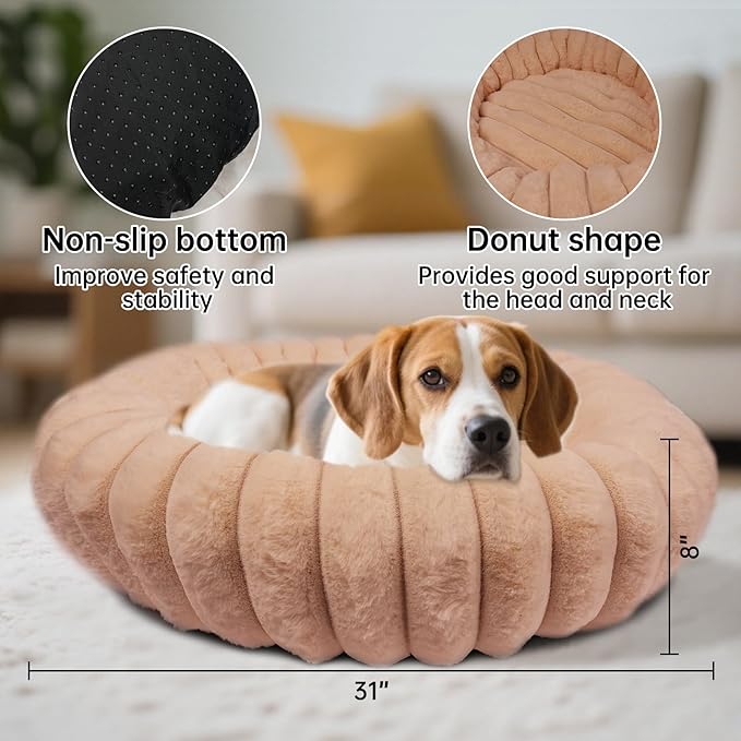 Donut Dog and Cat Bed, Luxurious Comfortable Faux Rabbit Fur Pet Beds, Round Anti-Anxiety Calming Puppy Kitten Bed with Anti-Slip Bottom for Small Medium Large Dogs & Cats(31", Brown)