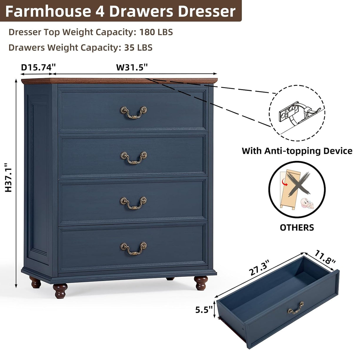 Joaxswe Farmhouse 4 Drawer Dresser for Bedroom, 37" Tall Rustic Chests of Drawers w/ 4 Solid Wood Feet, Mid Century Modern Wooden Closet Storage Dressers Organizer for Living Room, Hallway, Navy Blue