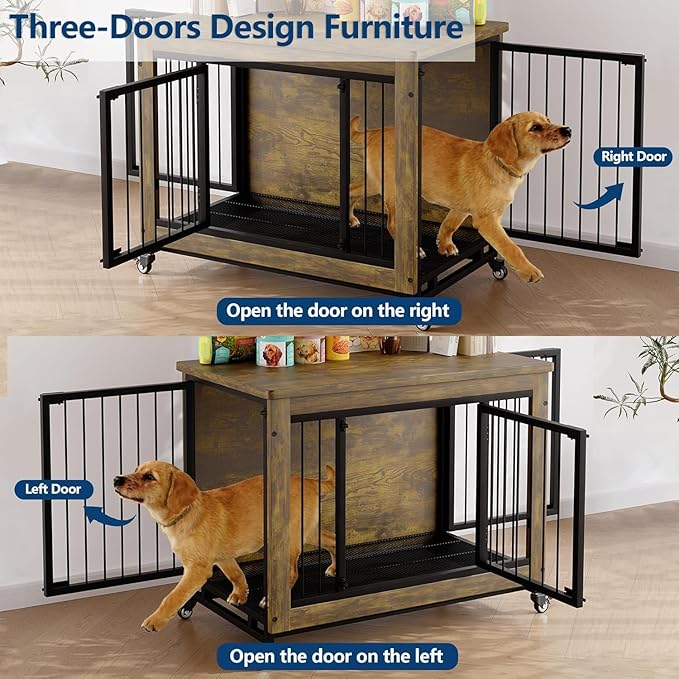 38.6 Inch Rustic Wooden Dog Crate Furniture with 3 Doors, Heavy Duty Indoor Dog Kennel Side Table with Wheels and Removable Tray, Easy-Clean Pet House Cage for Small to Medium Dogs