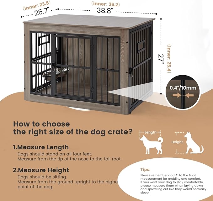 38 Inch Heavy Duty Dog Crate Furniture for Medium Dogs, Decorative Pet House End Table with 3 Doors & Adjustable Bowls, Wooden Cage Kennel Furniture Indoor, Rustic Grey