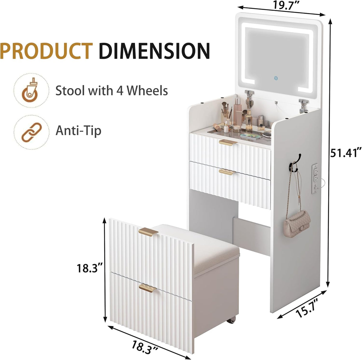 3 in 1 Vanity Desk with Flip Top Mirror and Lights, Small Makeup Vanity with 3 Drawers and Power Outlet, Modern Compact Dressing Table Set with Rolling Hidden Cushioned Stool for Bedroom, White
