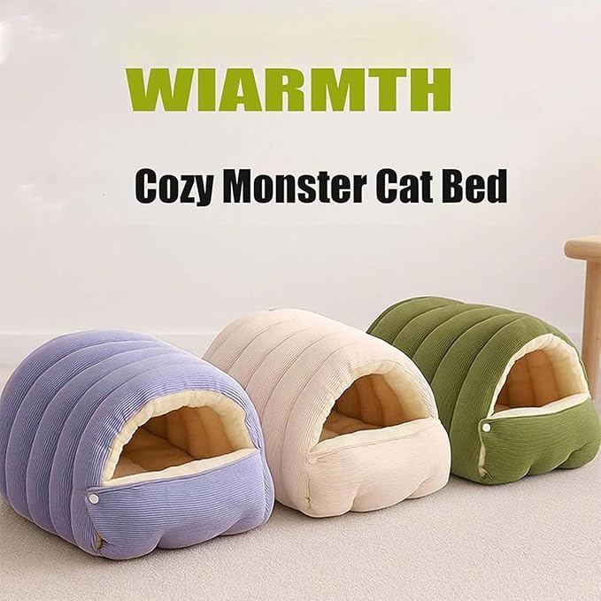 Removable and Washable Winter Closed-Off Cat Bed, Cat Winter Cave, Cute Cat Beds for Indoor Cats, Disassembled Design for Easier Cleaning, with Hair Remover (Green+Purple, 22.4 * 14.6 * 11.0 in)