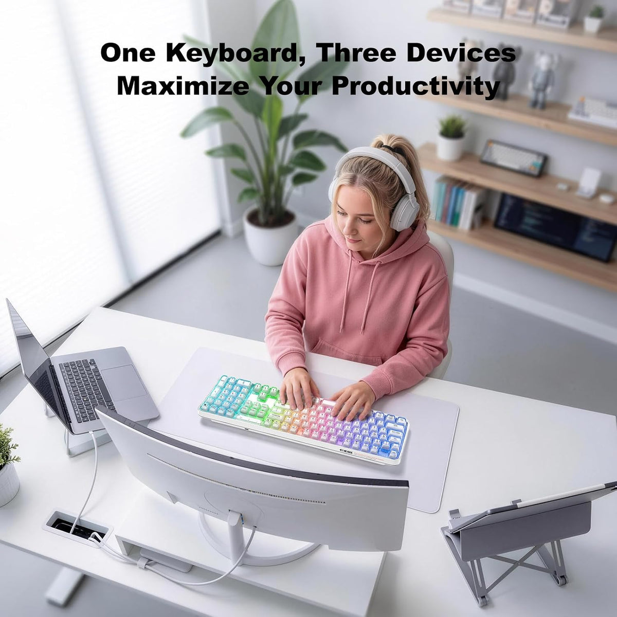GEEZER Computer Backlit Keyboard White Crystal - Full-Size Bluetooth Wireless Rechargeable Transparent Keycap Portable Keyboards Compatible with Windows, Laptop, PC, Desktop