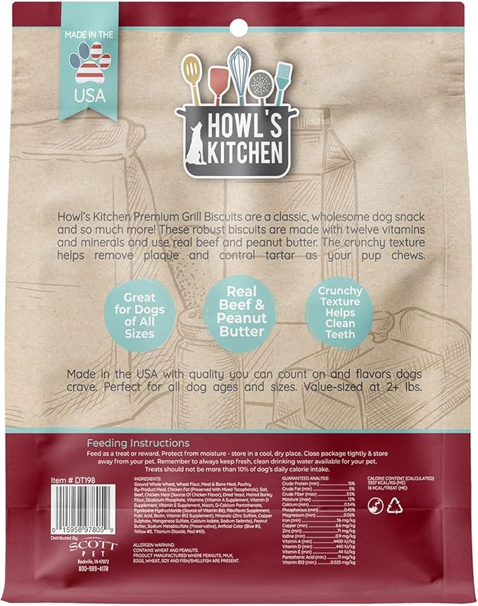 Howl's Kitchen Biscuits, 12 oz Bag, 1 Count, Beef, Chicken and Peanut Butter Mix, Rawhide Free, All Natural Chewy Dog Treats, for All Breed Sizes (Pack of 2)