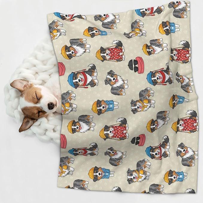 Pet Blanket for Travel and Home, Cute Australian Shepherd Dog and Puppy, Reversible Plush Dot Design with Soft Grip Texture on One Side Perfect for Car Seats Moving Vehicles