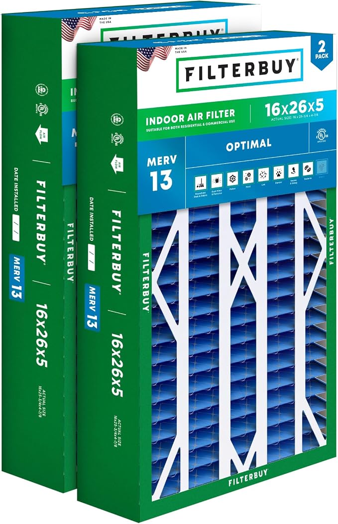 Filterbuy 16x26x5 Air Filter MERV 13 Optimal Smoke & Allergy Defense, Pleated