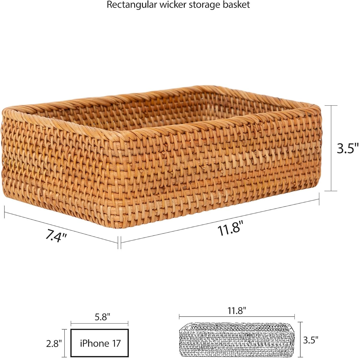 Rattan Storage Basket, Rectangular Desktop Organizer for Home