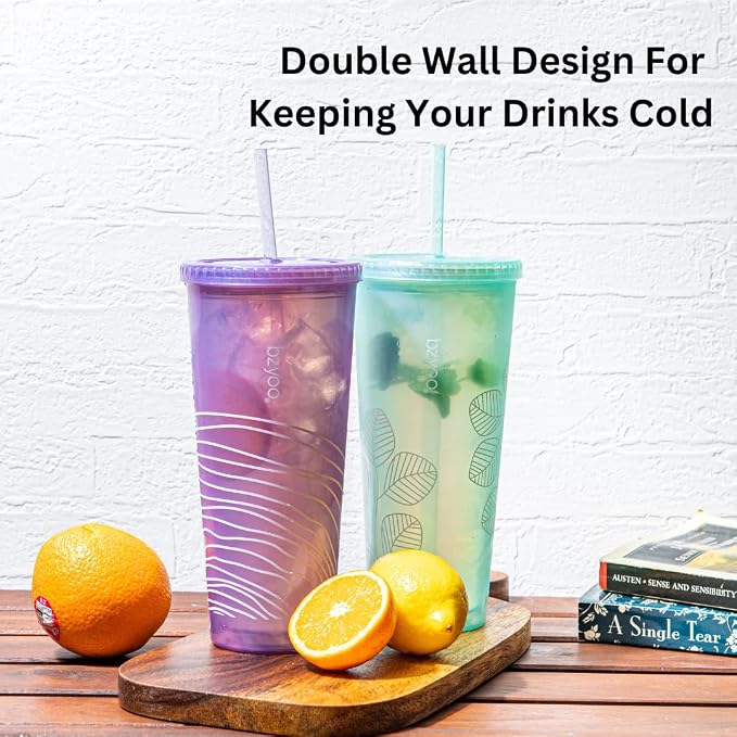 bzyoo 24oz Plastic Tumbler Cup, Lid & Straw, Iced Coffee, dishwasher safe