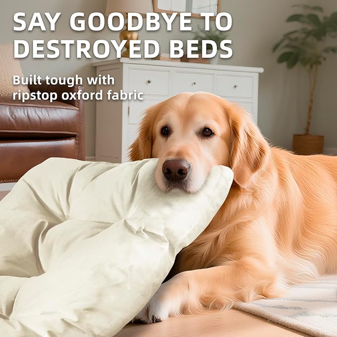 Chew Resistant Dog Bed for Medium Dogs - Durable 35"x22" Kennel Pad with Soft Plush Filling, Machine Washable Crate Mat for Aggressive Chewers, Indoor Outdoor Pet Bed, Beige