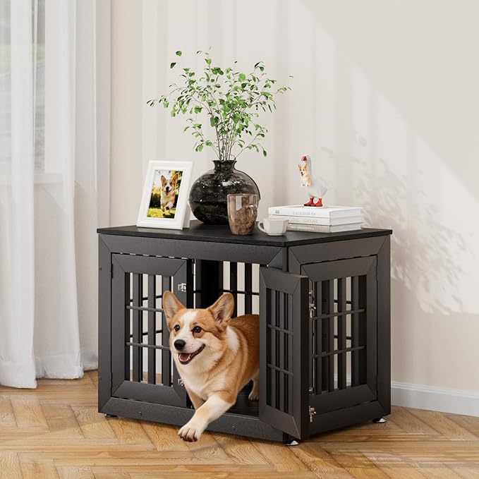 32" Heavy Duty Dog Crate Furniture for Small,Medium and Large Dogs,Rustic Wooden Dog Cage Kennel Indoor Furniture with Waterproof Top,Decorative Pet House Side End Table (Black)