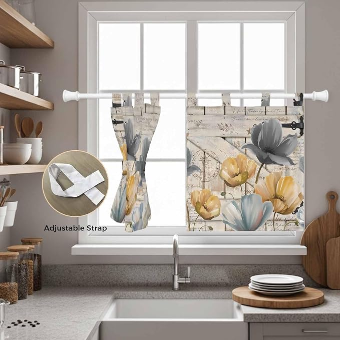 Spring Tulips Flower Kitchen Curtains 36 Inch Length, Small Window Curtains Tab
