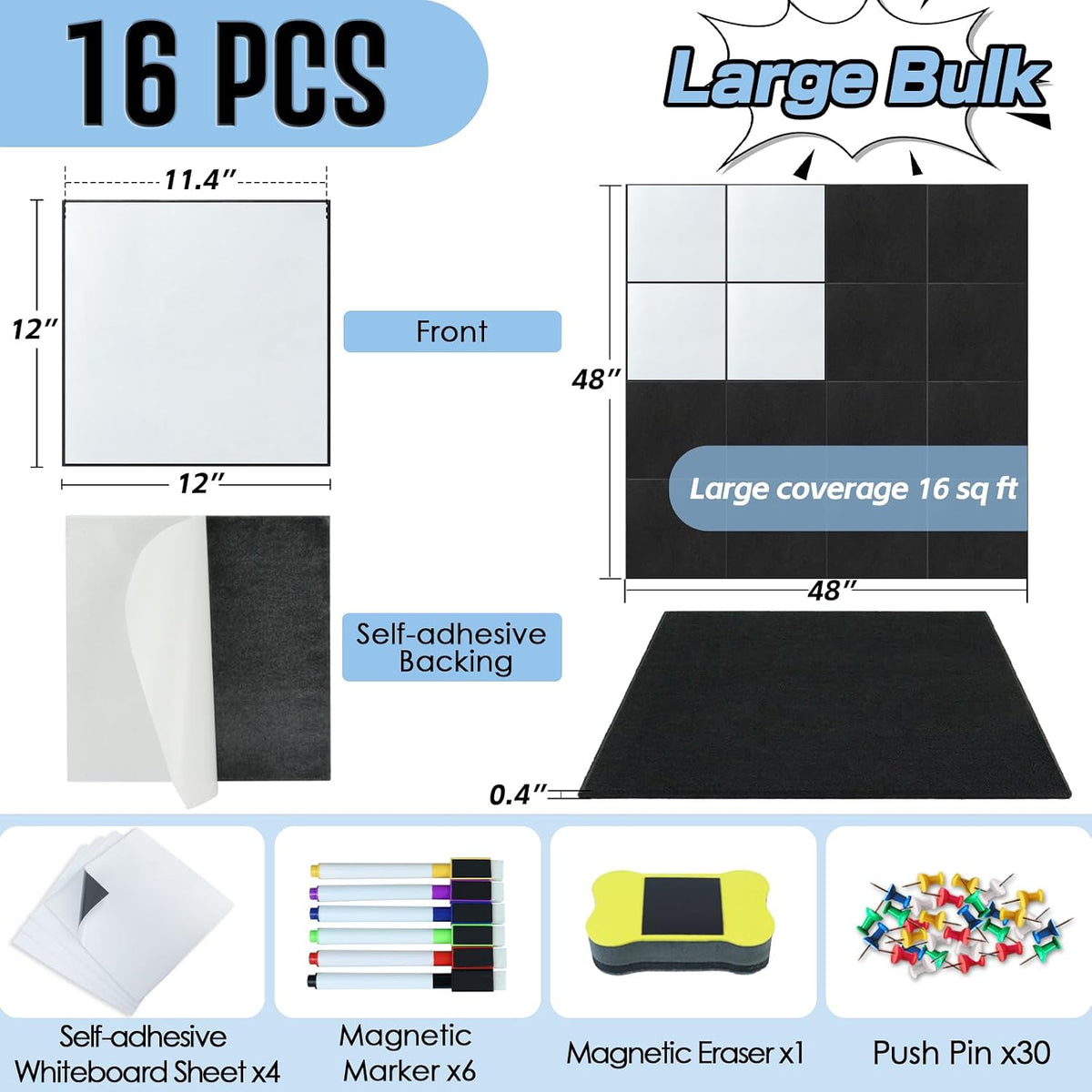 BXI Felt Bulletin Board with Pins & Magnetic Dry Erase Whiteboard Combo, 16 Pcs 12 X 12 X 3/8 Inch Self-Adhesive Vision Display Tiles, Note Memo Panels for Home School Education Office Wall Decor