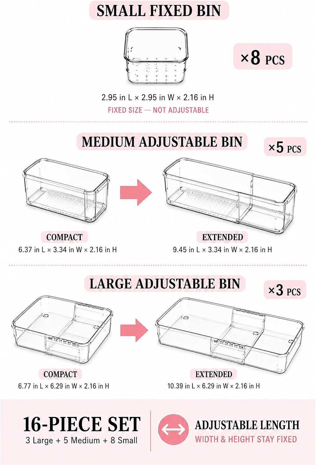 Adjustable Clear Drawer Storage Organizer, 16 Pack 3 Sizes Expandable Plastic Storage Boxes for Kitchen, Bathroom, Vanity, Office, Makeup, Desk and Closet Organization