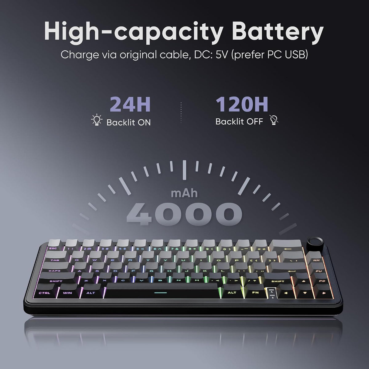 RedThunder K65 Wireless Mechanical Gaming Keyboard, Trip-Modes Connection, Gasket Custom Hot-Swap Keyboard, RGB Backlit, Pre-lubed Linear Switches, Side Engraved PBT Keycaps, Gradient Gray