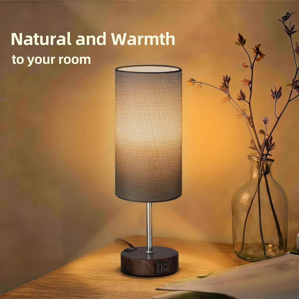 Table Lamp, Dimmable Touch, AC Outlet, USB A+C (Grey&Walnut)
