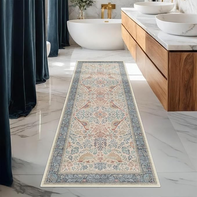 Hazo Haus Natural Red Blue 2'6"x8' Hallway Runner Rug, Boho Kitchen Floor Mat