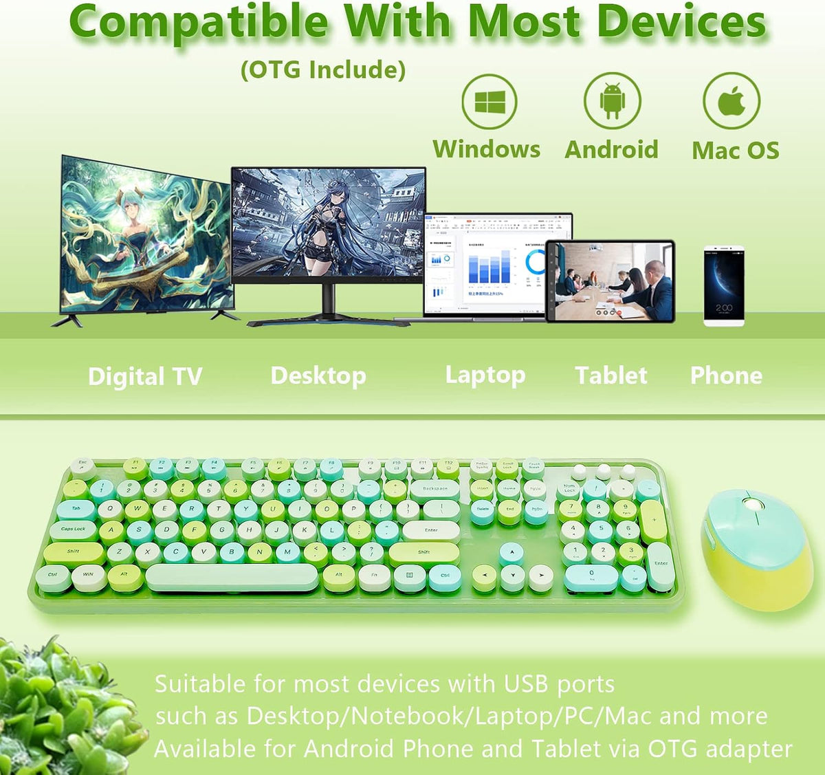 Green Retro Typewriter Wireless Keyboard and Mouse Combo for Home Office