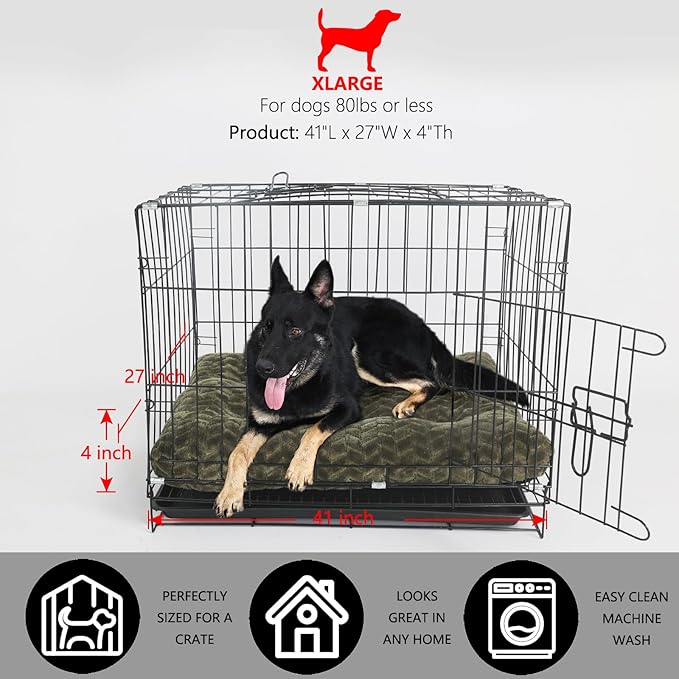 Large Dog Bed - 42 Inch Soft & Fluffy Crate Pads for Dogs Up to 90 lbs - Washable, Olive Green