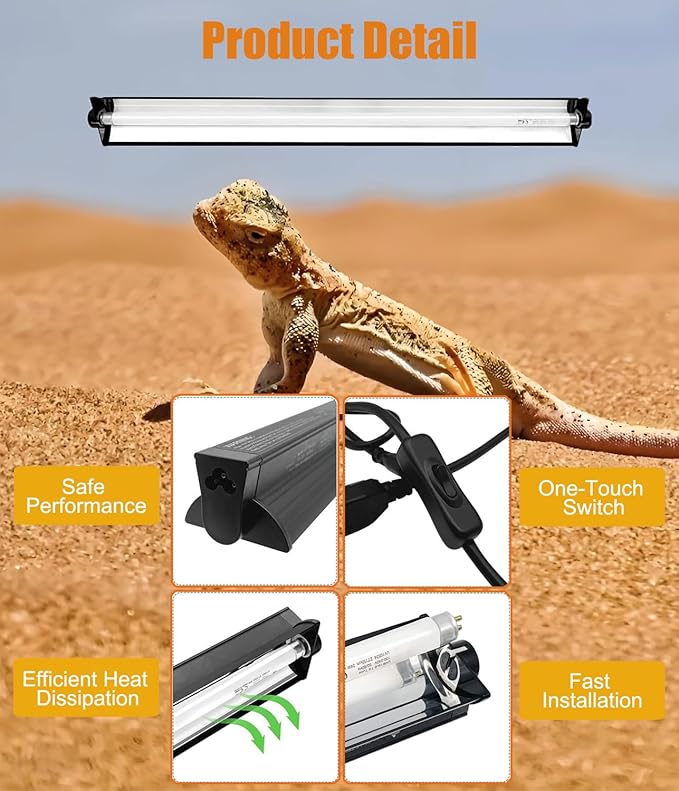 24W T5 UVB Reptile Light Fixture Combo Kit – 10.0 UVB Fluorescent Tube for Bearded Dragons, Lizards & Tortoises – UVA UVB Reptile Light, 22" Terrarium Hood (UVB 10.0-Desert, 22INCH-24W)