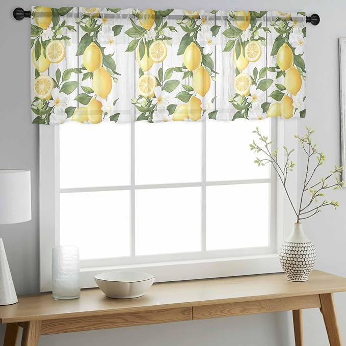 Spring Summer Lemon Sheer Valance Curtains, Leaf Flower White Wood Grain Light