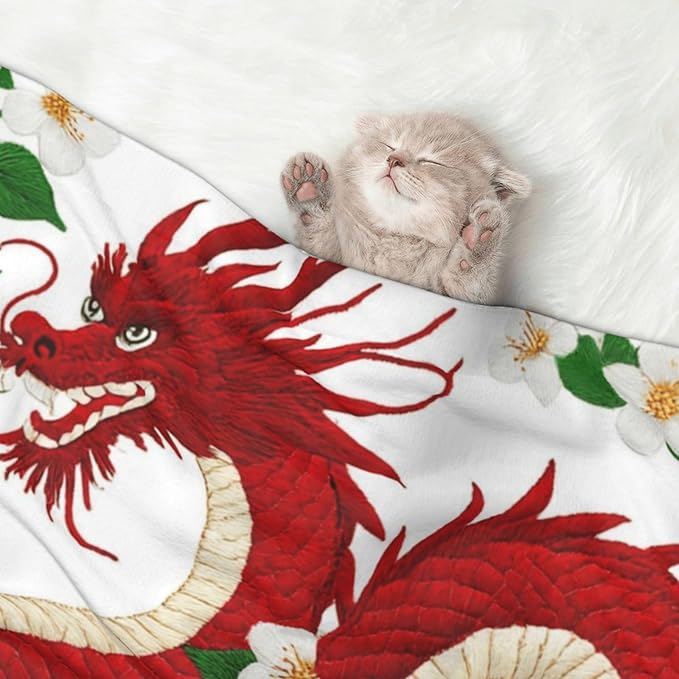 Pet Blanket for Travel and Home, Floral Chinese Japanese Dragon Flower, Reversible Plush Dot Design with Soft Grip Texture on One Side Perfect for Car Seats Moving Vehicles