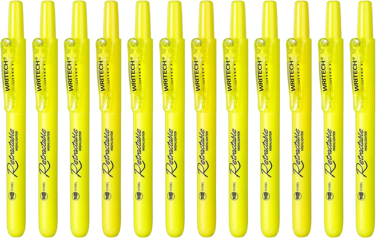 WRITECH Retractable Highlighters Chisel Tip: Fluorescent Yellow Ink Highlighter Marker Pens No Bleed & Smear Pack for Home School Office (12ct Yellow) (Pack of 2)