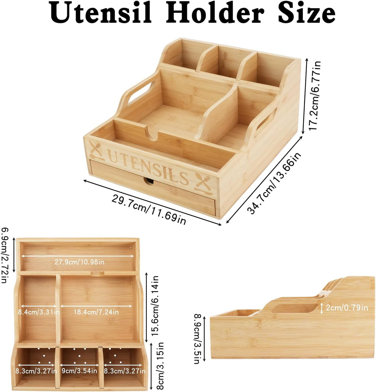 Kitchen Utensil Holder with Drawer, Farmhouse Spatula Organizer for Countertop,Large Capacity Flatware Spoon Forks Knives Cooking Tool Cutlery Holder for Party Picnic BBQ with 11 Compartments (Wood)