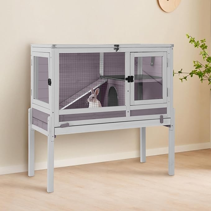 GUTINNEEN Guinea Pig Cage Rabbit Cage Indoor with Chew-Proof Edges, Clean Deep Tray, Leakproof PVC Layer, Small Animals Cage with Adjustable Legs - Grey