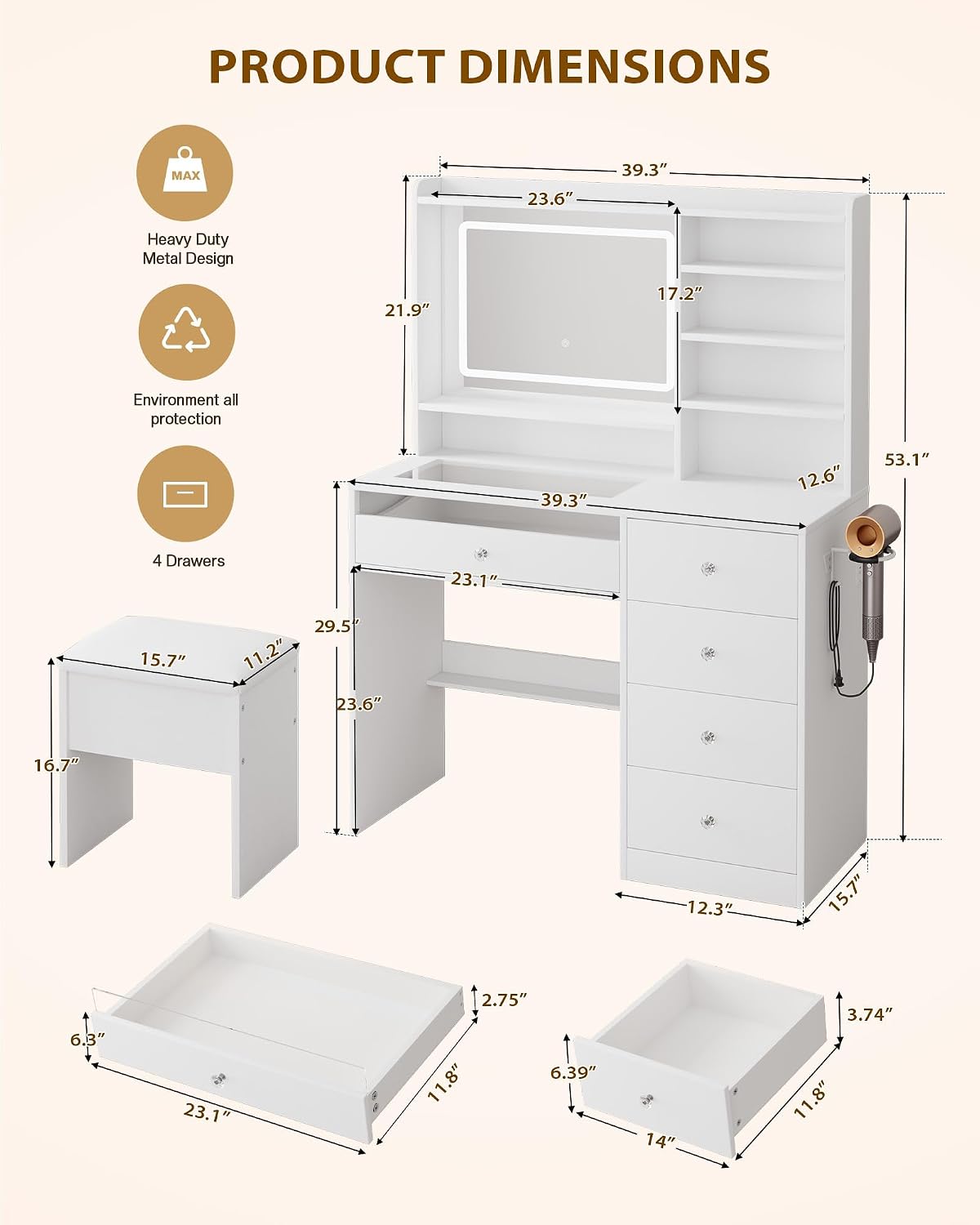 LIVELYGLOW 39.4" White Vanity Desk Set with Glass Desktop & RGB Light Strip