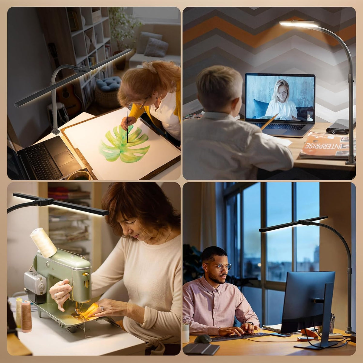 LED Desk Lamp for Home Office, 24W Computer Desk Light with Remote Control, Bright Table Lamp with Clamp Dimmable Tall Desktop Lighting with Bendable Gooseneck, Double Head, Black